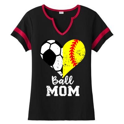 Ball Mom Heart Funny Softball Soccer Mom Gift Ladies Halftime Notch Neck Tee