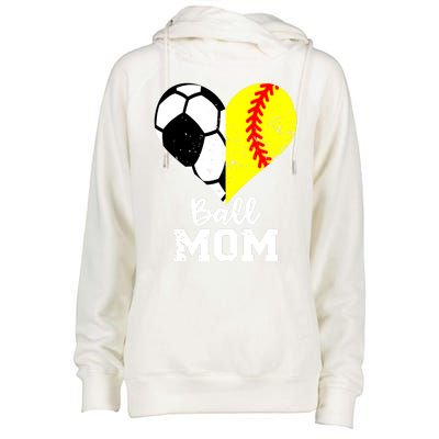 Ball Mom Heart Funny Softball Soccer Mom Gift Womens Funnel Neck Pullover Hood