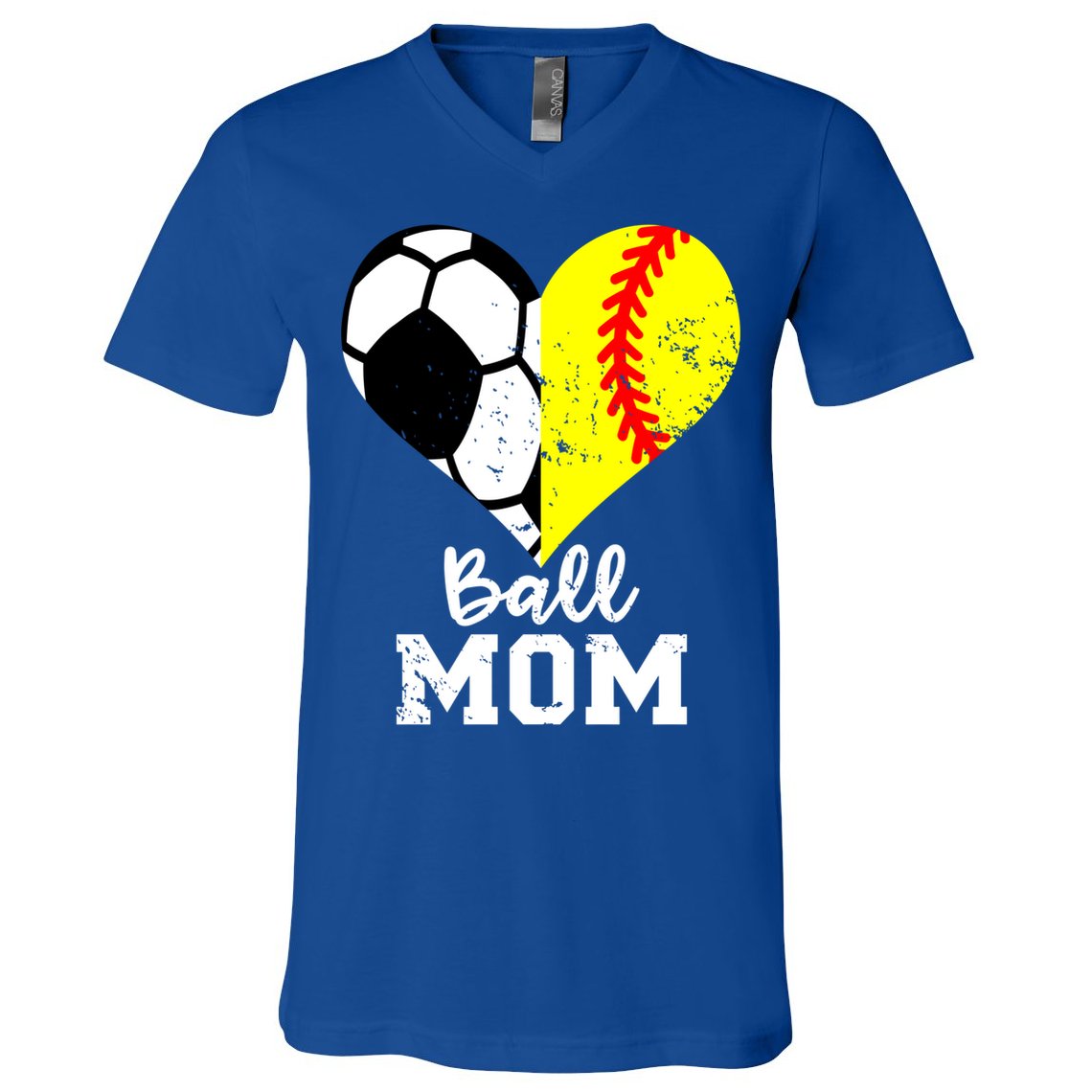 Ball Mom Heart Funny Softball Soccer Mom Gift V-Neck T-Shirt