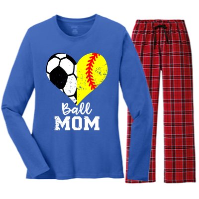 Ball Mom Heart Funny Softball Soccer Mom Gift Women's Long Sleeve Flannel Pajama Set 