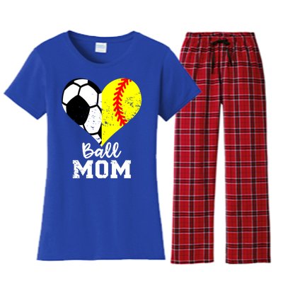 Ball Mom Heart Funny Softball Soccer Mom Gift Women's Flannel Pajama Set