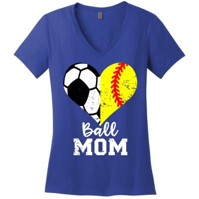 Ball Mom Heart Funny Softball Soccer Mom Gift Women's V-Neck T-Shirt