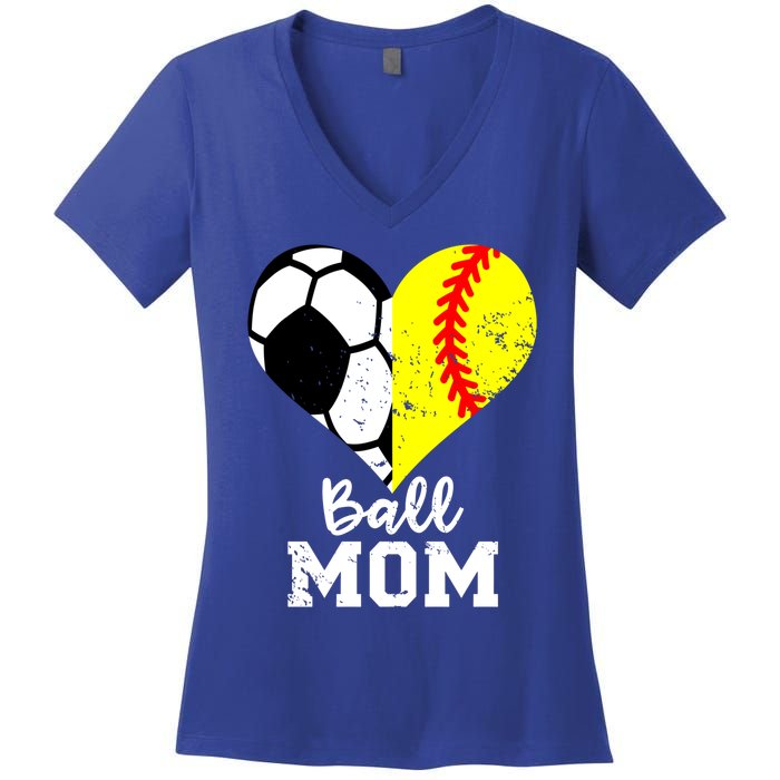 Ball Mom Heart Funny Softball Soccer Mom Gift Women's V-Neck T-Shirt