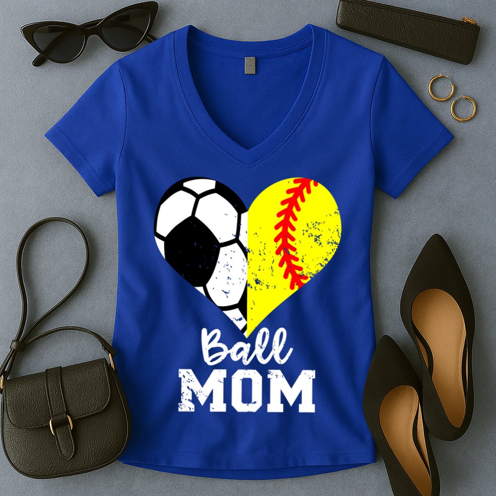 Ball Mom Heart Funny Softball Soccer Mom Gift Women's V-Neck T-Shirt