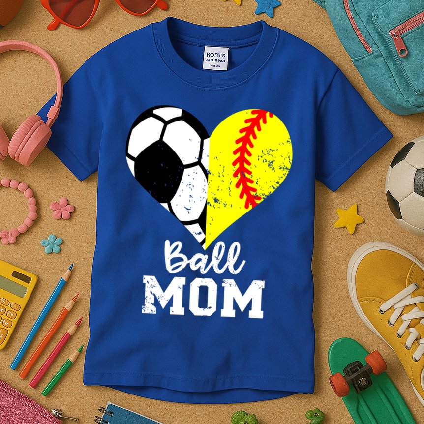 Ball Mom Heart Funny Softball Soccer Mom Gift Kids T-Shirt