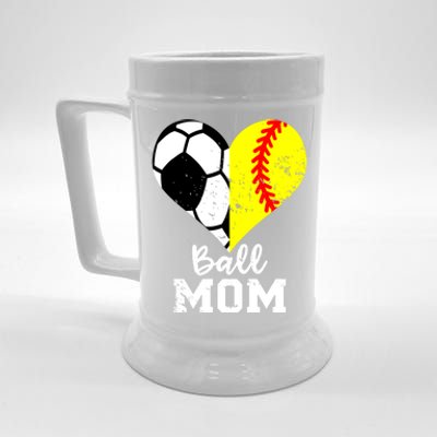 Ball Mom Heart Funny Softball Soccer Mom Gift Beer Stein