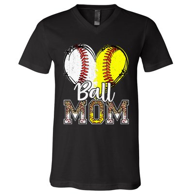 Ball Mom Heart Baseball Softball Mama Women Mothers Day V-Neck T-Shirt