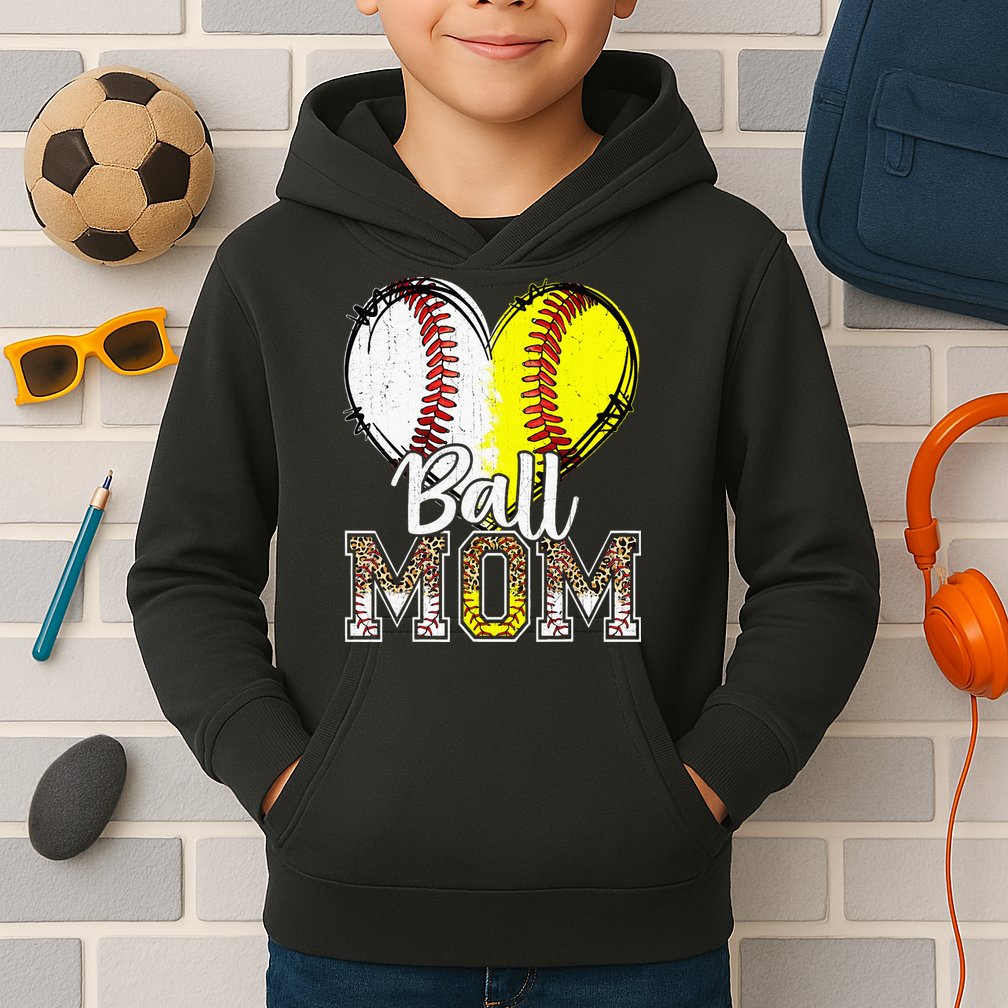 Ball Mom Heart Baseball Softball Mama Women Mothers Day Kids Hoodie