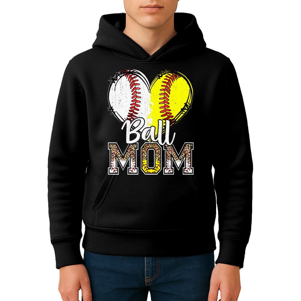 Ball Mom Heart Baseball Softball Mama Women Mothers Day Kids Hoodie