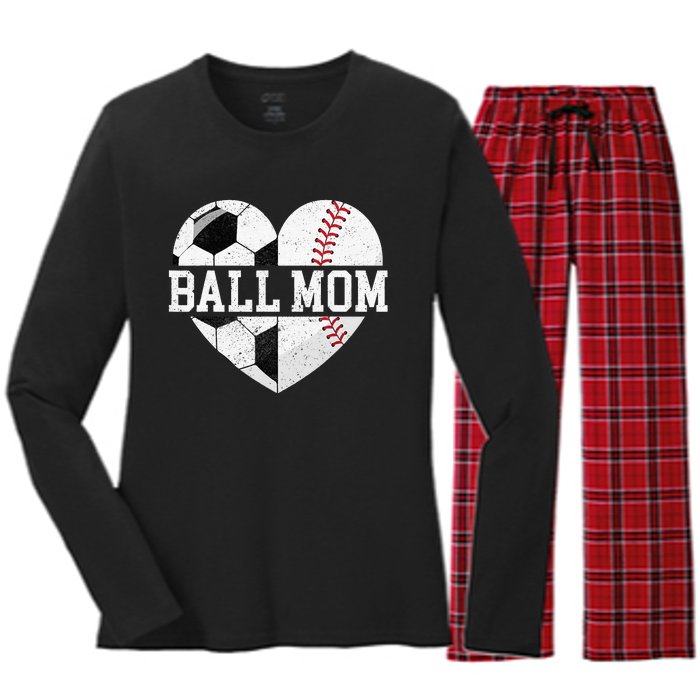 Ball Mom Heart Baseball Soccer Mom Women's Long Sleeve Flannel Pajama Set 