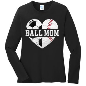 Ball Mom Heart Baseball Soccer Mom Ladies Long Sleeve Shirt