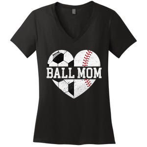 Ball Mom Heart Baseball Soccer Mom Women's V-Neck T-Shirt