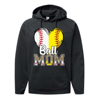 Ball Mom Heart Baseball Softball  Gifts Performance Fleece Hoodie