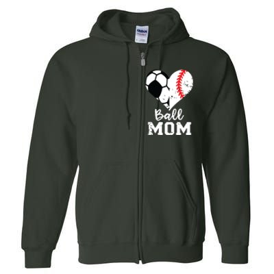 Ball Mom Heart Funny Baseball Soccer Mom Full Zip Hoodie