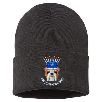 Bulldog Menorah Hat Hanukkah Chanukah Sustainable Knit Beanie