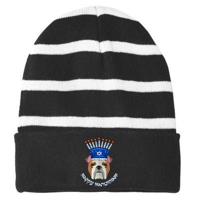 Bulldog Menorah Hat Hanukkah Chanukah Striped Beanie with Solid Band