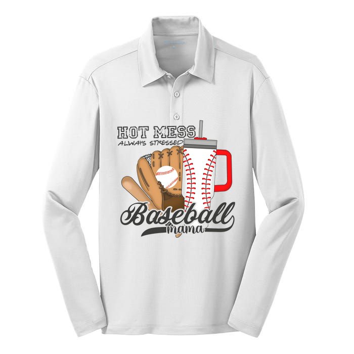 Baseball Mama Hot Mess Always Stressed Game Day Silk Touch Performance Long Sleeve Polo