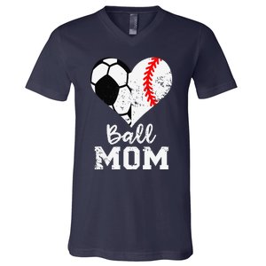 Ball Mom Heart Funny Baseball Soccer Mom V-Neck T-Shirt