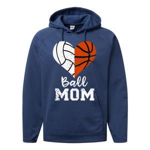 Ball Mom Heart Funny Volleyball Basketball Mom Performance Fleece Hoodie