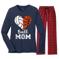 Ball Mom Heart Funny Volleyball Basketball Mom Women's Long Sleeve Flannel Pajama Set 