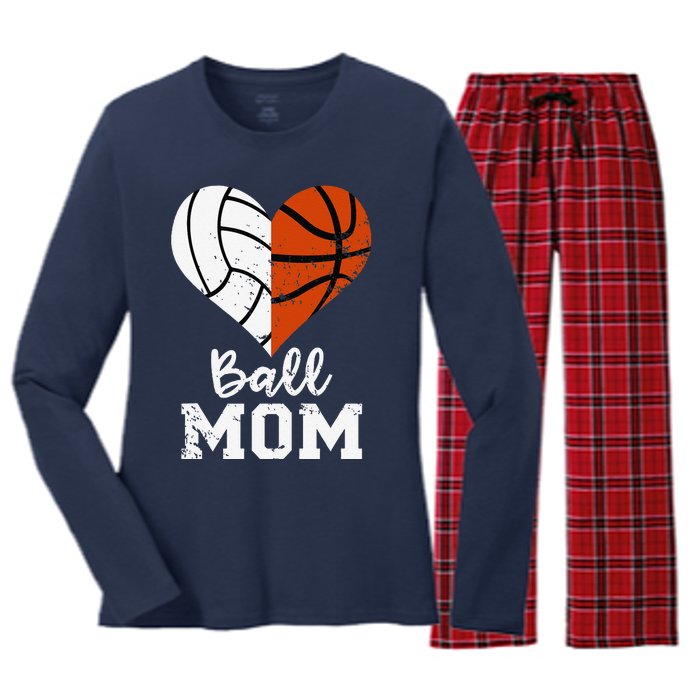 Ball Mom Heart Funny Volleyball Basketball Mom Women's Long Sleeve Flannel Pajama Set 