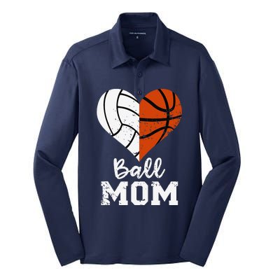 Ball Mom Heart Funny Volleyball Basketball Mom Silk Touch Performance Long Sleeve Polo