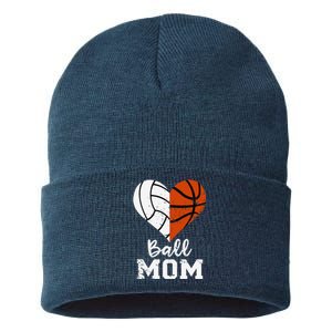 Ball Mom Heart Funny Volleyball Basketball Mom Sustainable Knit Beanie