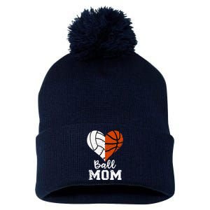 Ball Mom Heart Funny Volleyball Basketball Mom Pom Pom 12in Knit Beanie