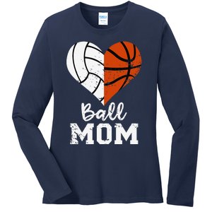 Ball Mom Heart Funny Volleyball Basketball Mom Ladies Long Sleeve Shirt