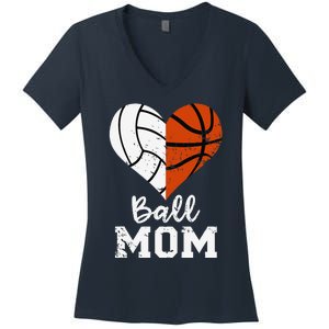 Ball Mom Heart Funny Volleyball Basketball Mom Women's V-Neck T-Shirt