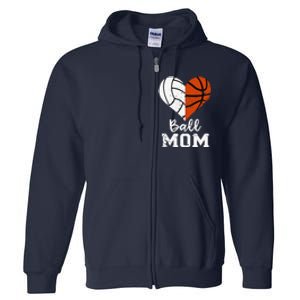 Ball Mom Heart Funny Volleyball Basketball Mom Full Zip Hoodie