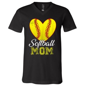 Ball Mom Heart Baseball Softball Mama Mothers Day 2024 V-Neck T-Shirt