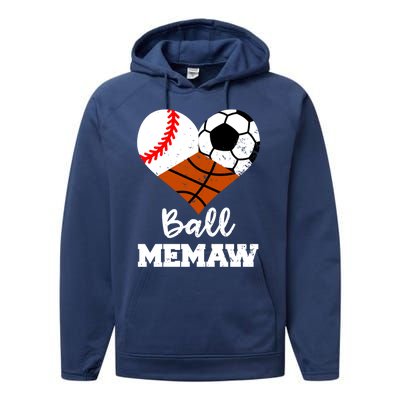 Ball Memaw Heart Funny Baseball Soccer Basketball Memaw Gift Performance Fleece Hoodie