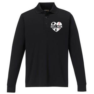 Ball Mom Heart Funny Baseball Soccer Mom Performance Long Sleeve Polo