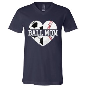 Ball Mom Heart Funny Baseball Soccer Mom V-Neck T-Shirt