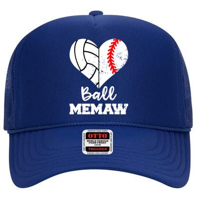 Ball Memaw Heart Funny Baseball Volleyball Memaw Funny Gift High Crown Mesh Back Trucker Hat