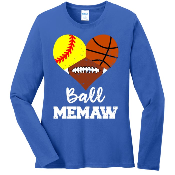 Ball Memaw Heart Funny Softball Basketball Football Memaw Gift Ladies Long Sleeve Shirt