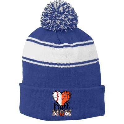 Ball Mom Heart Basketball Baseball Mom Gift Stripe Pom Pom Beanie