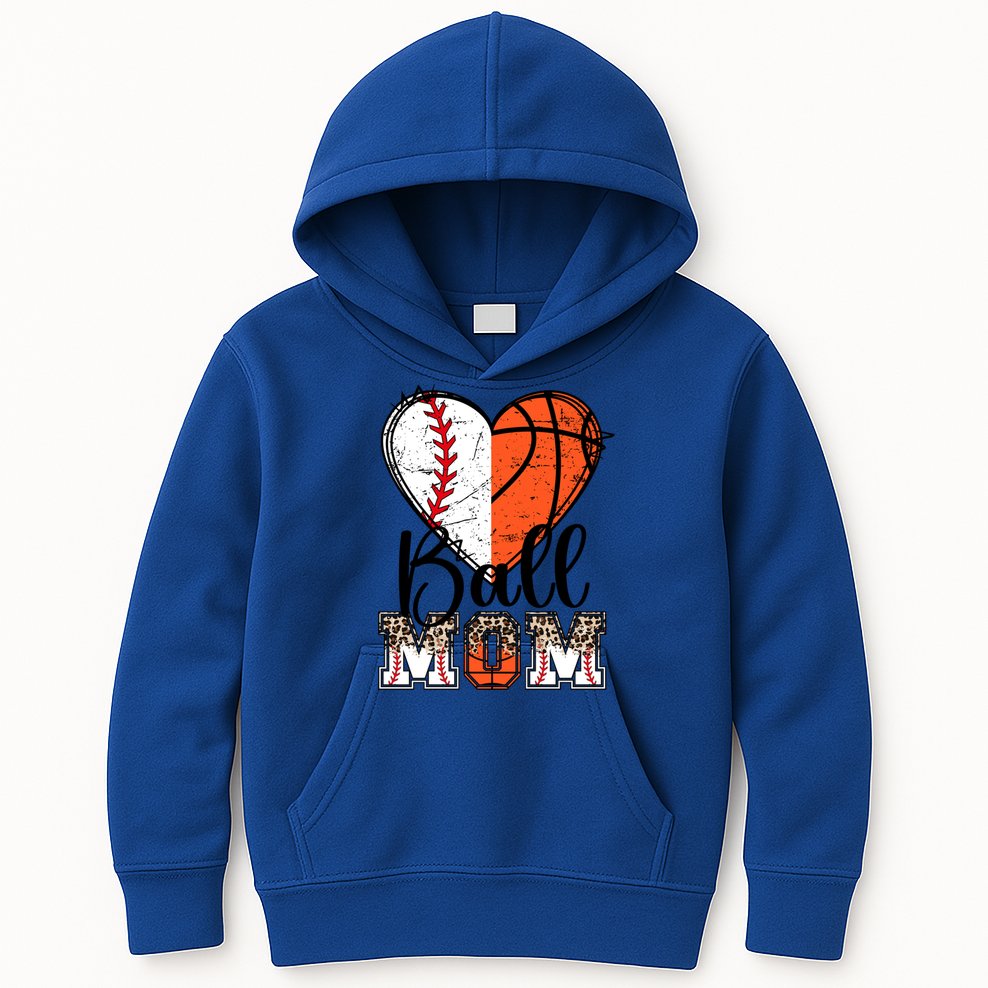 Ball Mom Heart Basketball Baseball Mom Gift Kids Hoodie
