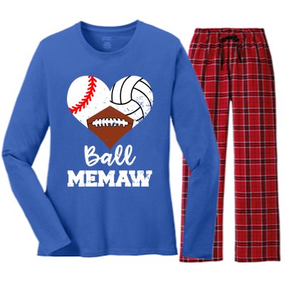 Ball Memaw Heart Funny Baseball Volleyball Football Memaw Cool Gift Women's Long Sleeve Flannel Pajama Set 