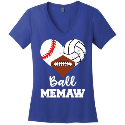 Ball Memaw Heart Funny Baseball Volleyball Football Memaw Cool Gift Women's V-Neck T-Shirt