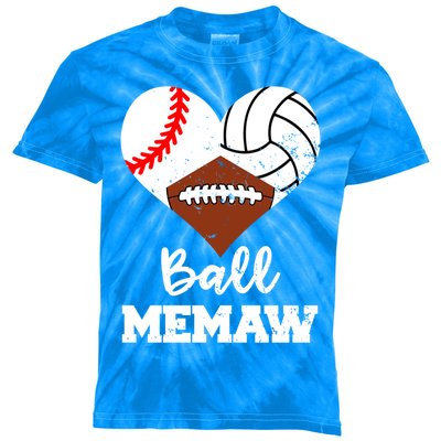 Ball Memaw Heart Funny Baseball Volleyball Football Memaw Cool Gift Kids Tie-Dye T-Shirt