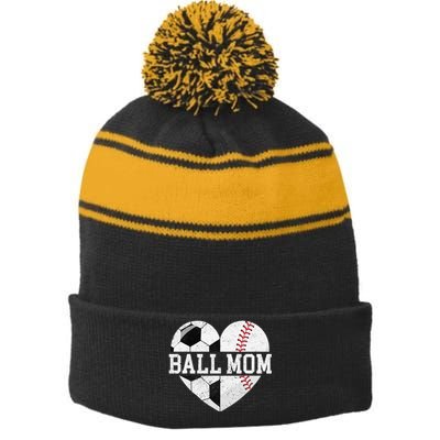 Ball Mom Heart Funny Baseball Soccer Mom Stripe Pom Pom Beanie