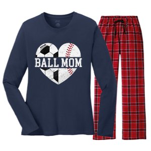 Ball Mom Heart Funny Baseball Soccer Mom Women's Long Sleeve Flannel Pajama Set 