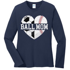 Ball Mom Heart Funny Baseball Soccer Mom Ladies Long Sleeve Shirt