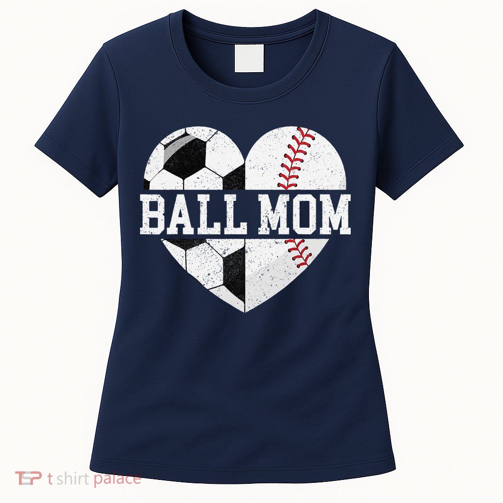 Ball Mom Heart Funny Baseball Soccer Mom Womens T-Shirt