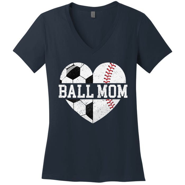 Ball Mom Heart Funny Baseball Soccer Mom Women's V-Neck T-Shirt