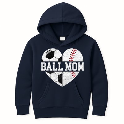 Ball Mom Heart Funny Baseball Soccer Mom Kids Hoodie