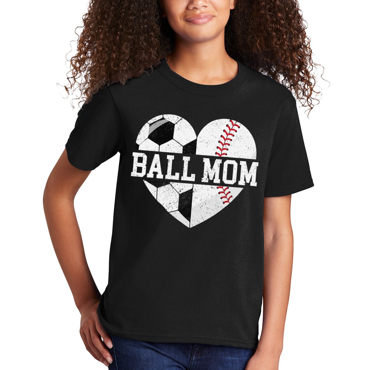 Ball Mom Heart Funny Baseball Soccer Mom Kids T-Shirt