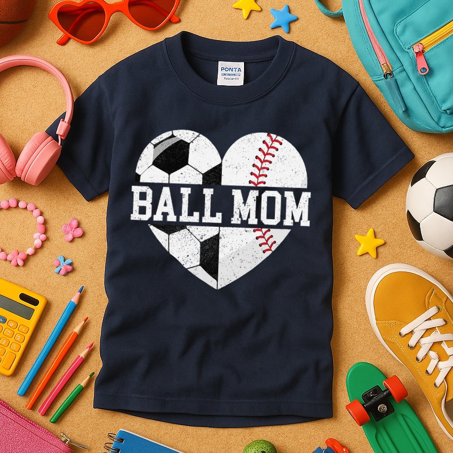 Ball Mom Heart Funny Baseball Soccer Mom Kids T-Shirt